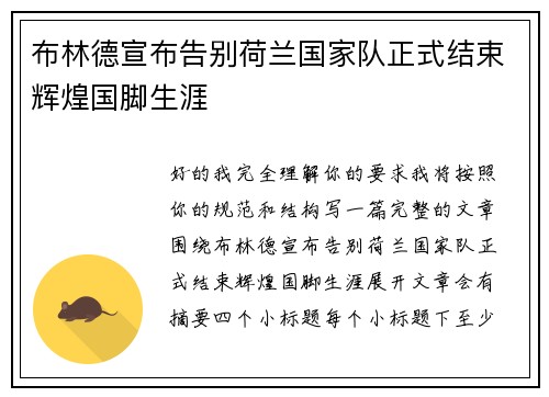 布林德宣布告别荷兰国家队正式结束辉煌国脚生涯